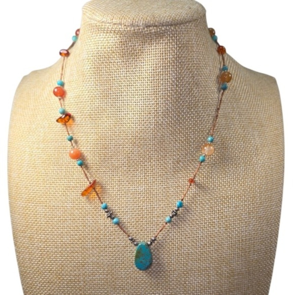 Treska Turquoise Orange Gemstone‎ Beaded Necklace Copper Tone Boho Jewelry